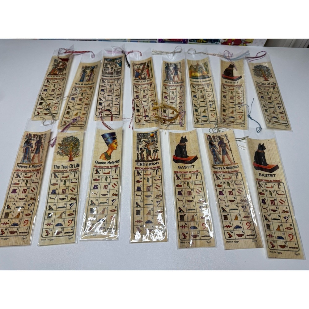 Lot of 15 Egyptian Papyrus‎ Bookmarks Hieroglyphic Art Bastet Nefertiti 2x8"